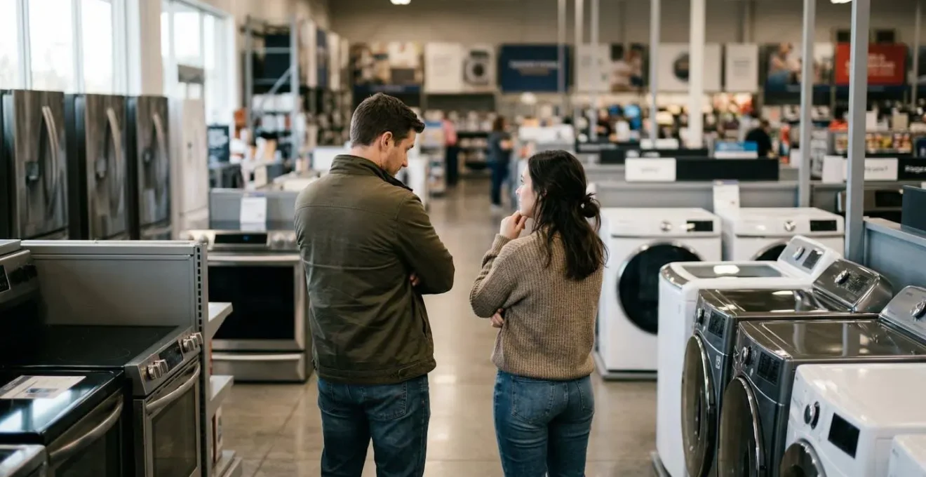 Un couple vu de dos observe les appareils électroménagers exposés dans un magasin, la lumière naturelle de la vitrine éclairant doucement la scène
