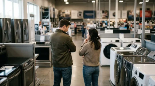 Un couple vu de dos observe les appareils électroménagers exposés dans un magasin, la lumière naturelle de la vitrine éclairant doucement la scène