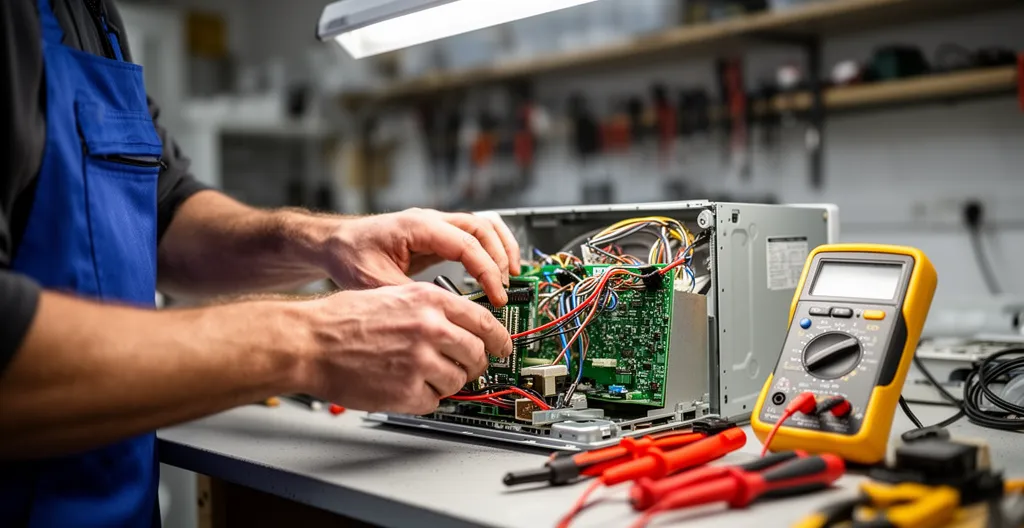 Zone de travail technicien avec composant électroménager ouvert et outils