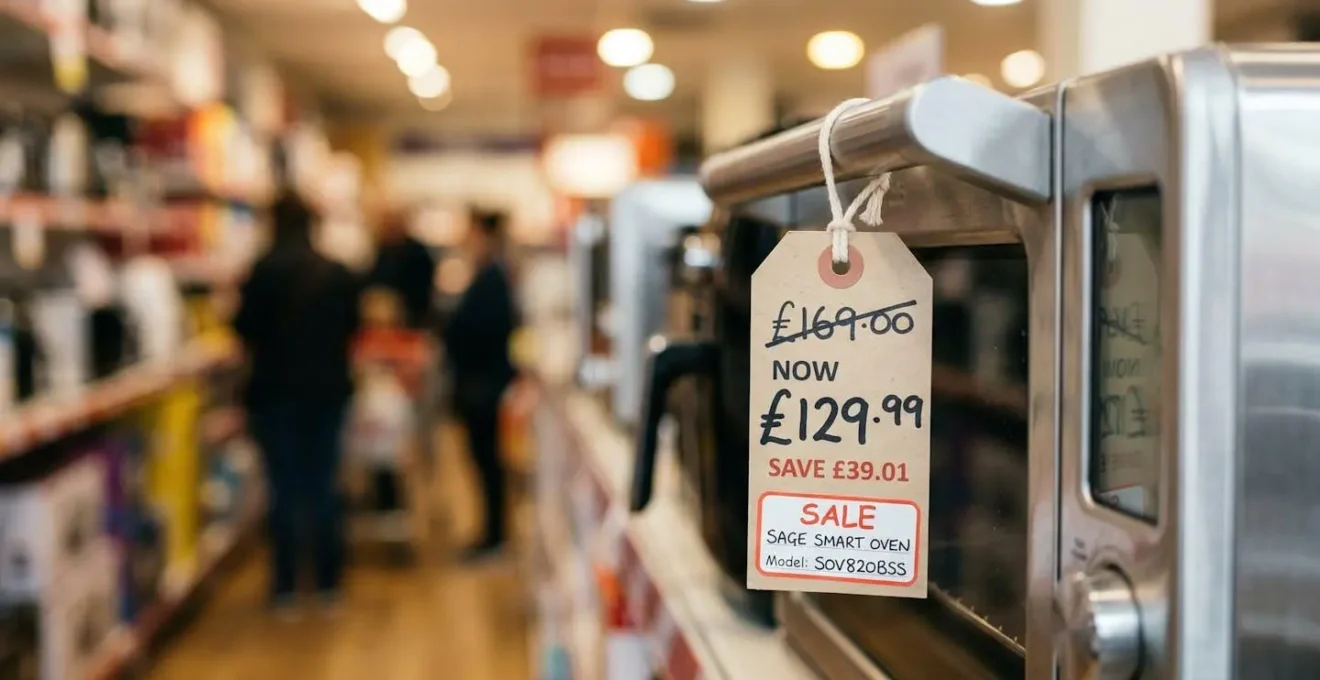 Gros plan sur une étiquette de prix avec indication de réduction sur un appareil électroménager dans un magasin