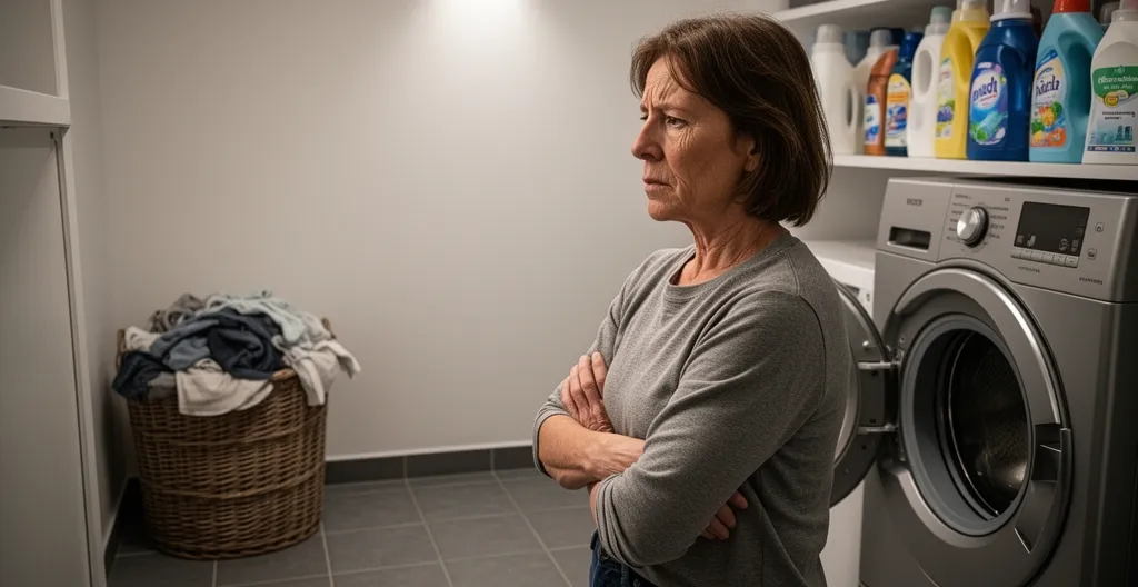 Femme préoccupée devant son sèche-linge en panne dans sa buanderie