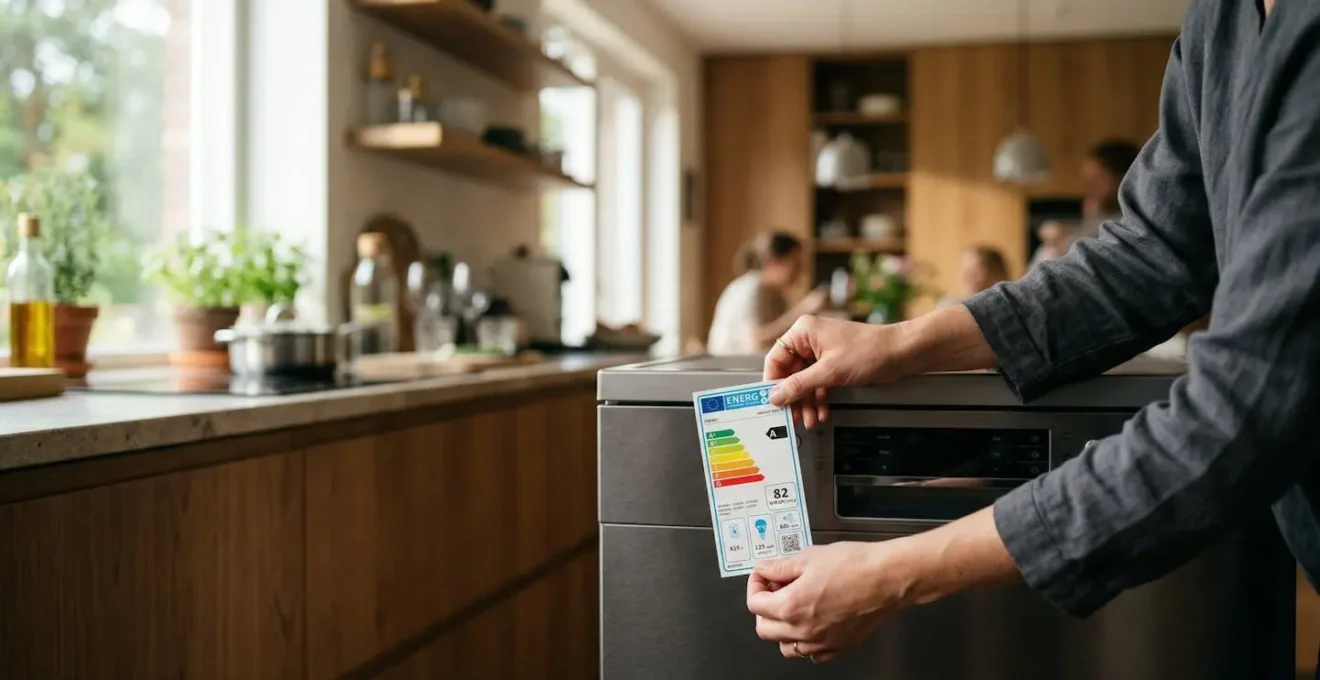 Une main tient une étiquette énergie de classe A devant un appareil électroménager blanc dans une cuisine moderne et lumineuse