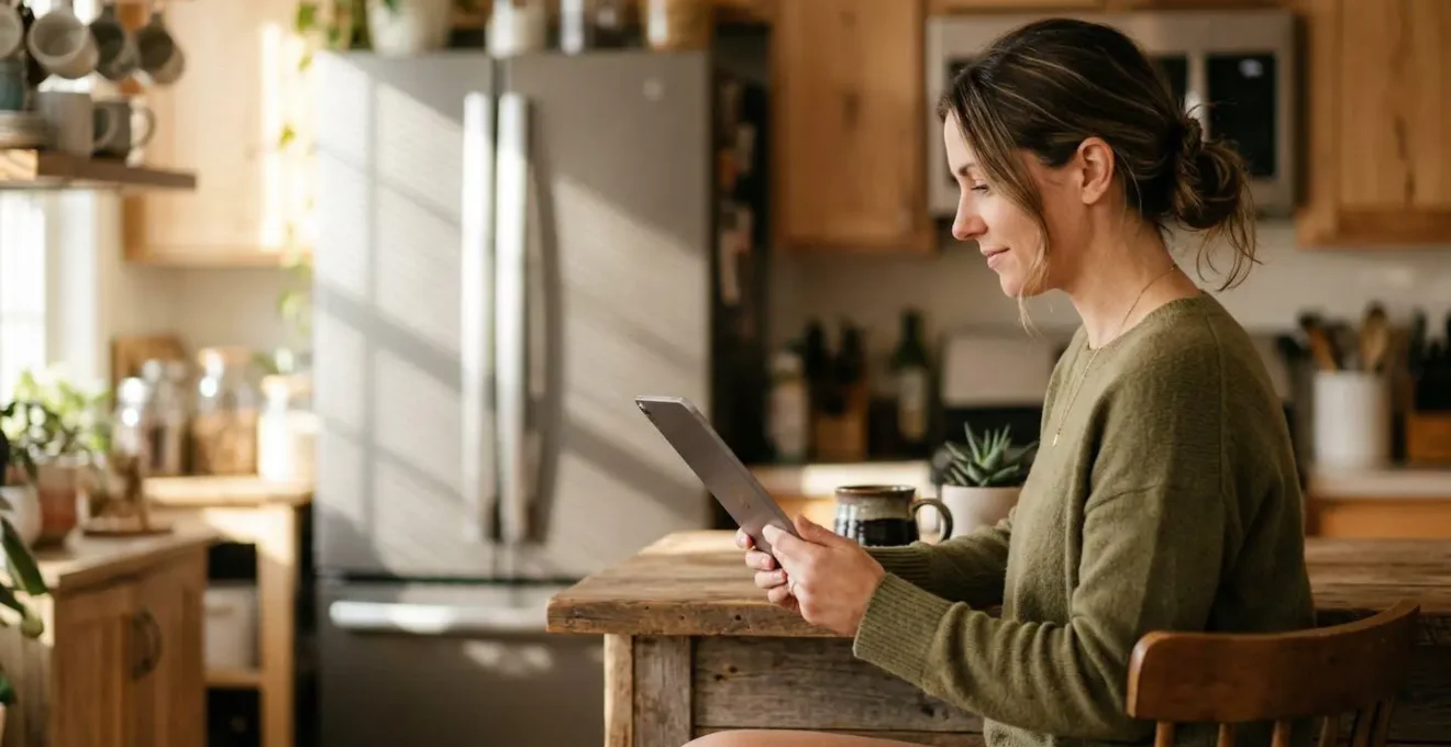 Une personne de profil consulte des documents sur une tablette dans une cuisine lumineuse, un réfrigérateur moderne visible en arrière-plan flouté