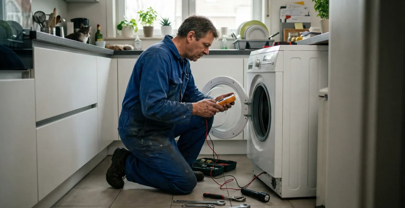 Technicien SAV électroménager intervenant dans une cuisine familiale belge