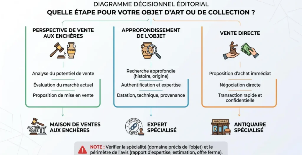Schéma de décision pour choisir entre spécialiste, maison de ventes et antiquaire Schéma de décision pour choisir entre spécialiste, maison de ventes et antiquaire